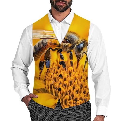 Bee Working on Flower Suit Vest for Men Slim Fit Sleeveless Jacket V Neck Business Waistcoat Button Up Dressy Top