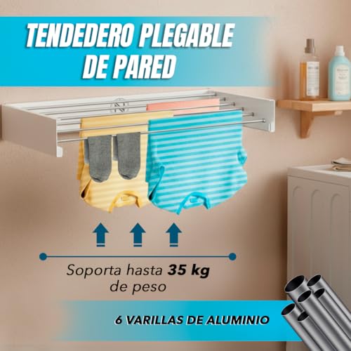 Miniatura 3 de N 18.28 Tendedero Extensible De Pared Retráctil Compacto, Ahorra Espacio, 35 Kg De Capacidad, 6 Varillas Plegable Para Interior O Exterior, 100cm Aluminio Y Acero Inoxidable Blanco