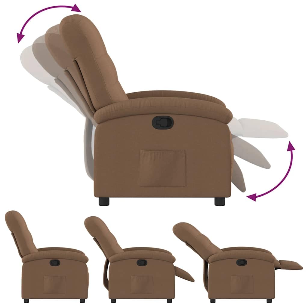 Fotel relaksacyjny, brązowy, z regulacją z ręczną funkcją leżenia, tapicerką, podłokietnikami, oparciem, drewnianą ramą metalową, ergonomiczny, do salonu, biura, czytania, oglądania telewizji