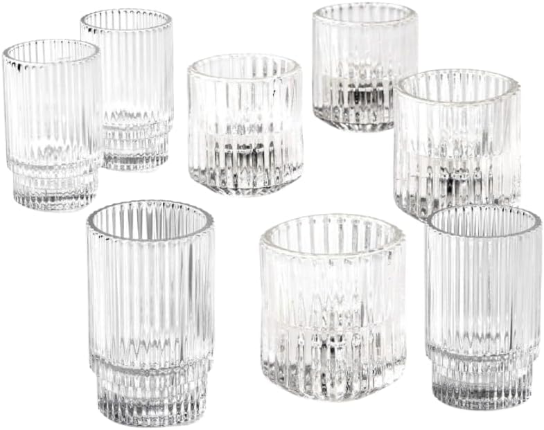 Serene Spaces Living Set of 8 Clear Ribbed Glass Votive Holders, 4 Small and 4 Medium Candle Holders, Perfect for Weddings and Home Décor