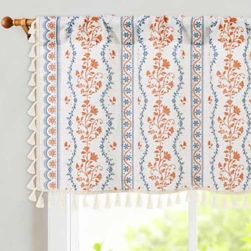 Image of Yinhua Boho Valance Curtains Vintage Linen Kitchen Valances for Windows Light Filtering Bohemian Floral Valance Rod Pocket Tassel Window Valances for Bathroom Cafe, 52 inch W X 18 inch L, Blue Orange Floral