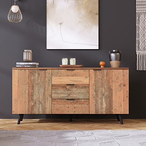 Credenza effetto legno noce con 2 ante e 3 cassetti in rattan