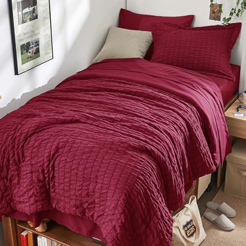 Image of HYMOKEGE Burgundy Twin XL Comforter Set Seersucker 5 Pieces, All Season Luxury Bed in a Bag for Bedroom, Bedding Set with Comforter, Sheets, Pillowcase & Sham