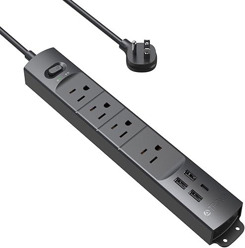 TROND Regleta de protección contra sobretensiones con USB, enchufe plano ultrafino, cable de extensión de 3 pies de 1625 W, 3 USB A y 1 tipo C, 4