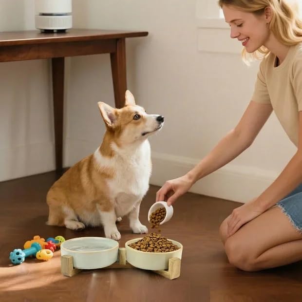Keramik-Hundenapf-Set mit Standfüßen, Hundenapf Keramik Erhöht mit rutschfest Ständer, Langsamfressnapf Süße Pfoten-Design für Kleine und Mittelgroße Hunde, 2er Set Fressnapf Hund und Wassernapf