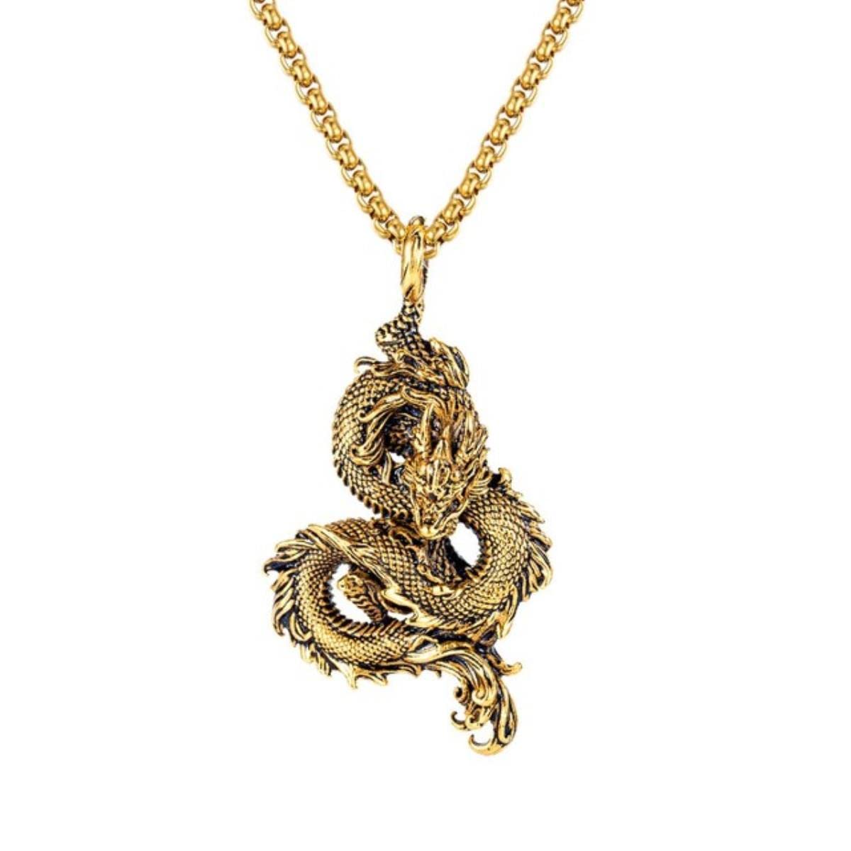 YAHOYA Fashion Mens Stainless Steel Chinese Dragon Necklace Retro Hip Hop Zodiac Dragon Pendant Titanium Steel Pendant Necklace Jewelry