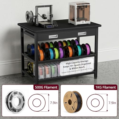 Image of 3D Printer Stand with Filament Storage - Heavy Duty 3D Printer Table with Metal Drawer, 36 inch 3 Tier Metal 3 D Printing Desk for 3 D Printers, Black