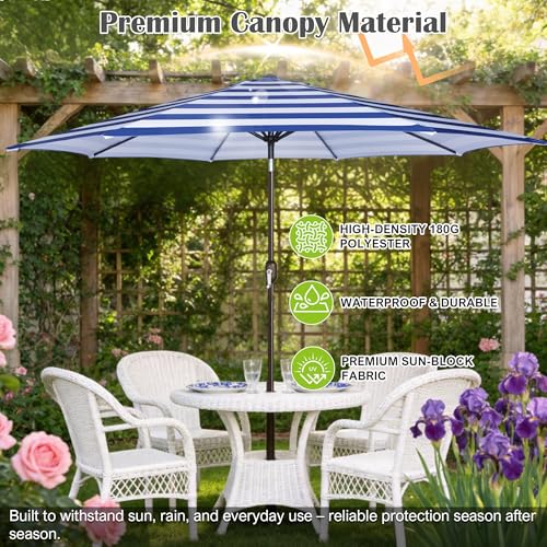 Image of Blissun 10FT Patio Umbrella, Outdoor Table Umbrella, Yard Umbrella, Market Umbrella with 8 Sturdy Ribs, Push Button Tilt and Crank, Blue & White