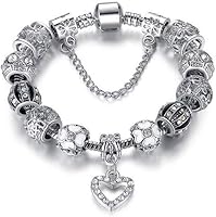 Savlano Silver Tone Snake Chain Charm Bracelet with Crystal & Murano Glass Beads - Hypoallergenic Women's Jewelry in Gift Box
