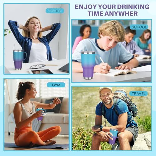Image of 30 oz Tumbler with Handle, Stainless Steel Insulated Tumbler with Lid and Straw, Double Wall Vacuum Insulated Coffee Mug Tumbler, Insulated Coffee Thermal Cup for Cold and Hot (Blue Purple)