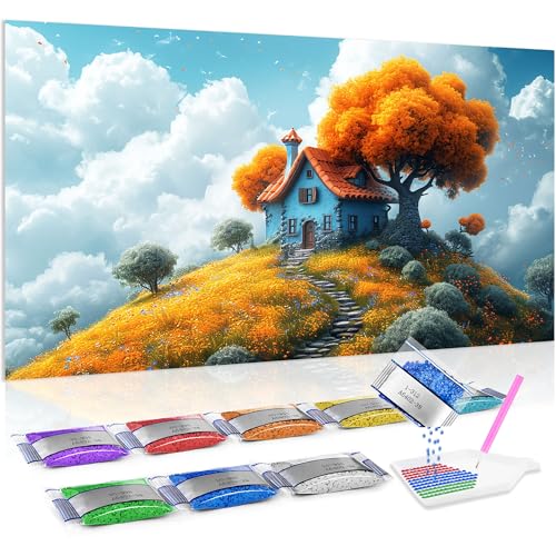 Diamond Painting 5D Jumpdot de casa en la colina, kit completo de punto de cruz diy de 70x40 cm