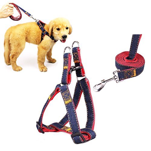 Sin chaleco ajustable para arnés de perro Heavy Duty Denim Pet Leash Lead Set para Large / Medium / Small / Dogs Cats (L (peso: 30 lb-55lb, Cintura en el pecho: 17.7 '' - 27.6 '')) Cover