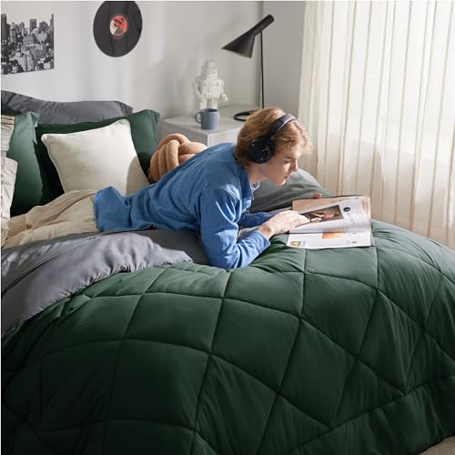Image of Bedsure Twin XL Bed in a Bag Reversible 5 Pieces Dark Green /Forest Green | Inclusive, reversible, lightweight, soft, breathable, sheets, bedding, washable