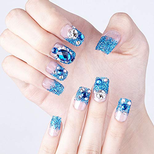 LittleB Glossy Bride Fake Nails Long Blue Crystal Press On Nails Wedding Full Cover False Nails for Women and Girls (24pc)