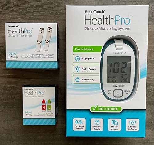 EasyTouch HEALTHPRO Blood Glucose Monitoring Meter Kit – 50 Test Strips – Hi/Lo Control Solution