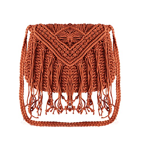 Womens Cotton Crochet Fringe Crossbody Shoulder Bag Bohemian Summer Beach Purse Handwoven Straw Bag (Reddish Orange)