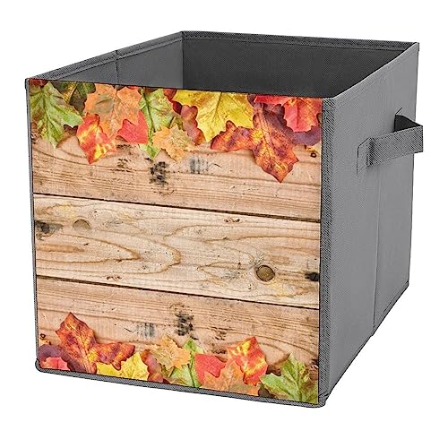 Autumn Wooden Board Cube Storage Bin 11 x 11 in, Collapsible Storage Bins with Sturdy Handles,Durable PU Fabric Storage Cubes Organizer for Closet, Shelves, Offices, Toys-Colorful Leaves