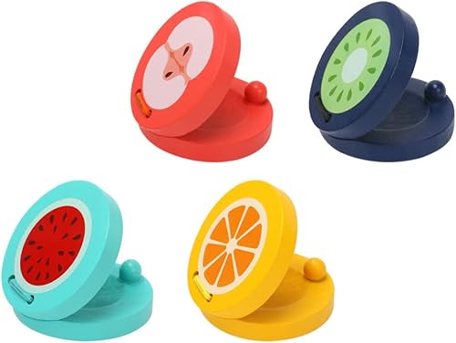 Miniatura 9 de Panderetas para niños, 4 unidades, castañuelas de dedo, patrón de frutas, castañuelas musicales de madera, instrumentos musicales ritmo para niños