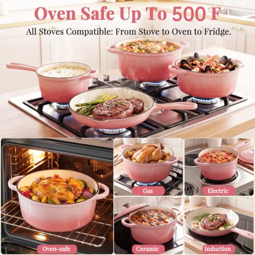 Image of LIFERUN 7Pcs Enameled Cast Iron Cookware Set, Cast Iron Pots and Pans Set