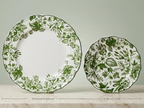 Image of Bodhi House Porcelain Dinner Set 20 Pieces - Green Leaf White Dinnerware Set | 6 Dinner Plates, 6 Quarter Plates, 6 Katori Bowls, 2 Serving Bowls | Premium Crockery Set for Dining, Kitchen & Gifting