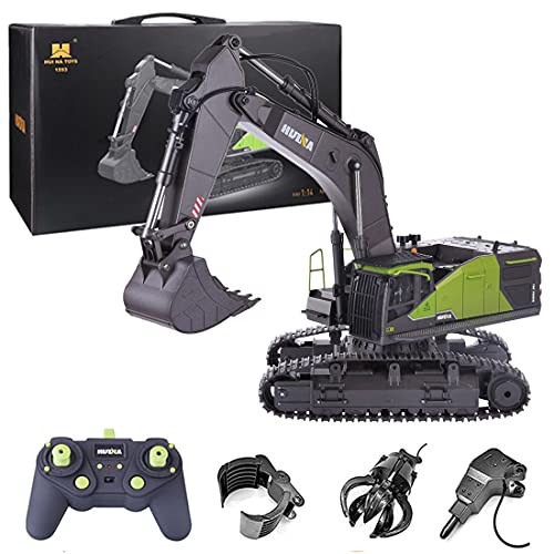 TRCS Remote Controlled Metal Excavator, 1:14 22CH 2.4G Excavator with Remote Control + 3 Attachments, Huina 1593 Caterpillar Excavator Outdoor Digger Construction Vehicle Toy, 64 x 48 20 cm