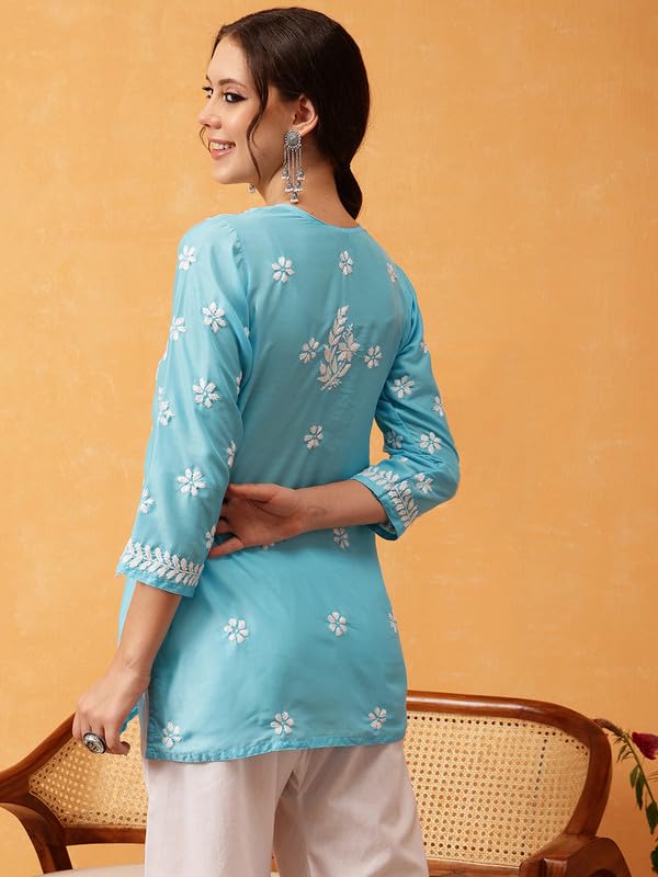 Image of Ada Hand Embroidered Lucknowi Chikankari Muslin Top for Women A911420 | Lucknowi Short Kurta Kurti Tunic Casual Wear Ethnic Wear Chikan Work Straight handcrafted top Kurti for Office