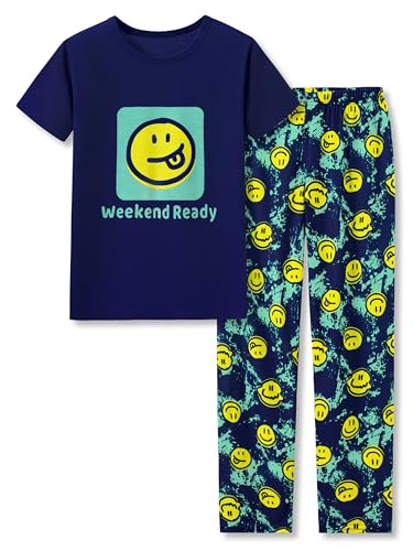 Tebbis Pajamas For Boys Fun Baseball Navy Blue Short Sleeves & Pants 2-Piece PJs Set Kid Comfy Sleepwear Size 6-18