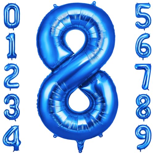 OFFCUP Ballon géant en aluminium en forme de chiffre 8, bleu, de 101 cm, pour homme et femme, décoration de fête d'anniversaire de 8 ans