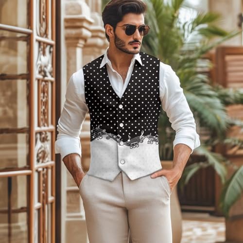 TOADDITDO Music Note Print Suit Vest for Men Regular Fit V-Neck Party Vests Lightweight Sleeveless Workout Tops3