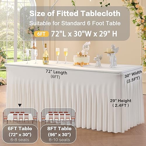 Image of 6pk Ivory Spandex Tablecloths for 6 Foot Rectangle Tables, Stretch Table Cloths 6 ft Fitted Tablecover Desk Skirt for Parties Weddings Birthday Banquet Baby Shower