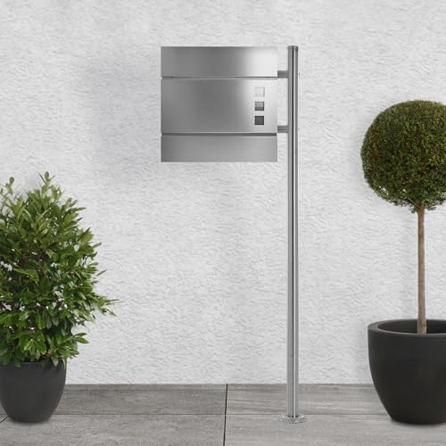 ECD Germany Standbriefkasten mit Zeitungsfach, Design Briefkasten mit Pfosten, Standfuß freistehend, Briefkastenanlage, Briefkastenständer Silber Edelstahl, Postkasten Silber Stahl matt gebürstet