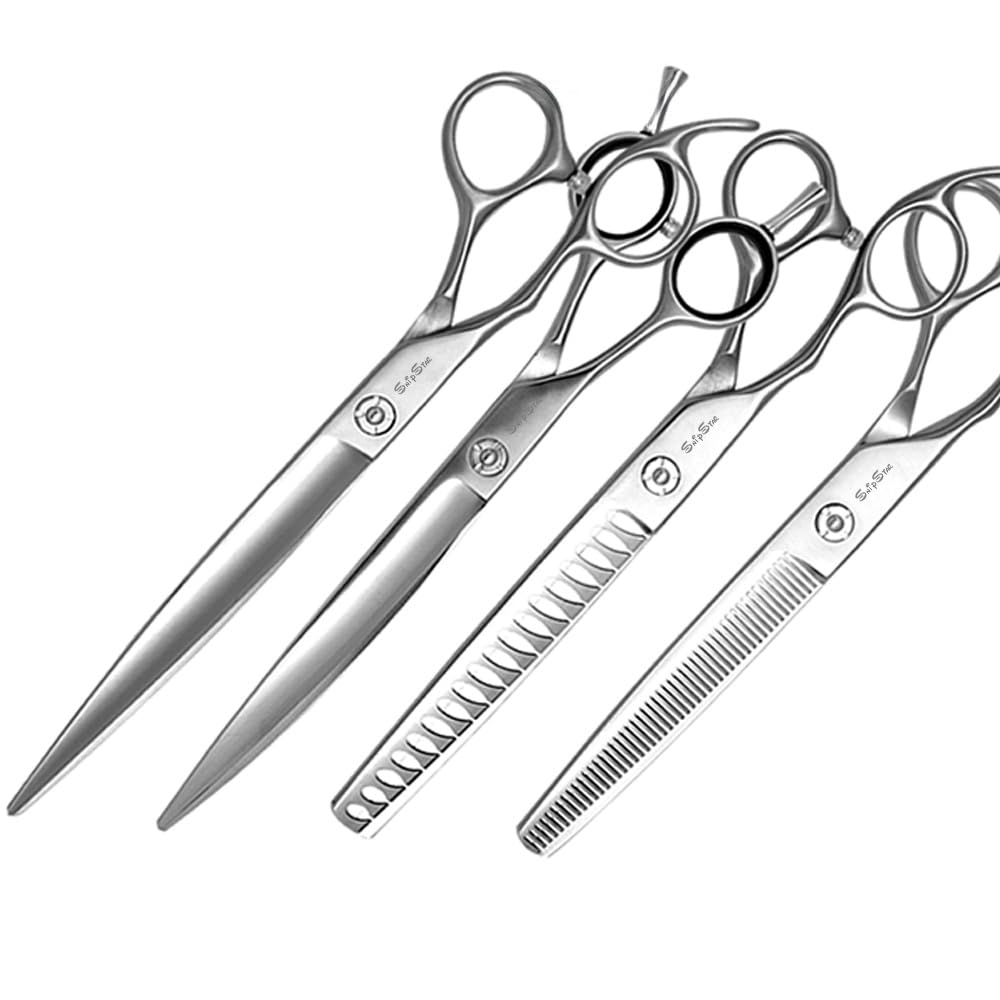 7 pollici forbici professionali per animali domestici 4PCS Set mano sinistra VG10 acciaio dritto/curvo/Thinning e Chunker forbici per la cura del cane, Tasso di thinning 25-45%