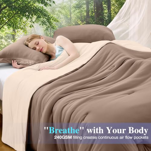 Image of MUXHOMO Cooling Comforter Set King Size, Lightweight Summer Comforter for Hot Sleeper, Reversible Bedding with ICY Cooling Surface, Includes 1 Comforter (104 inchx90 inch) and 2 Shams (20 inchx 36 inch), Khaki