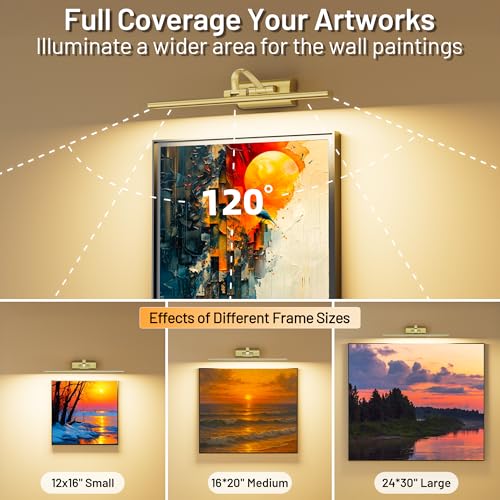 Image of AIFEI 5200mAh Picture Lights for Wall: Up to 48H Artwork Lighting | 6H Fast Charging for Living Room Hallway - Remote Timer Memory - Wireless Installation - 16 Inch - Brass