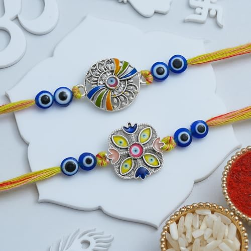 Image of eCraftIndia Handcrafted Evil Eye Beautiful Floral Rakhi for Brother Bhaiya Bhai with Best Bro Ever Fridge Magnet | Roli Chawal Pack