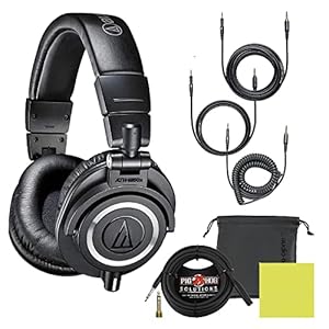 Audio Technica ATH-M50X Professional Studio Monitor Headphones Black Bundle with Pig hog 25ft Extension Cable & Liquid Polishing Cloth with Detachable Cable
