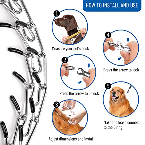 Wiotar Dog Prong Collar, Dog Pinch Training Collar with Quick Release Clip, Adjustable Stainless Steel Links with Rubber Tips, Choke Collar for Small Medium Large Dogs(Packed with 8 Extra Tips)