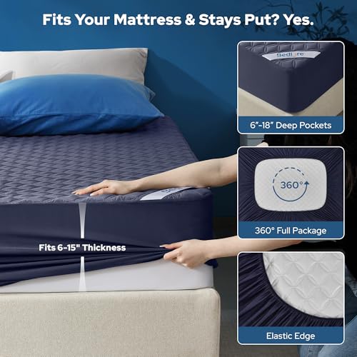 Image of 2 Pack Waterproof Mattress Protector, Twin Size Mattress Pad Noiseless with Deep Pocket Fitted for 6 inch-15 inch, Breathable Dirt-Proof Single Bed Mattress Cover for Bedroom, Dorm Room (Navy Blue)