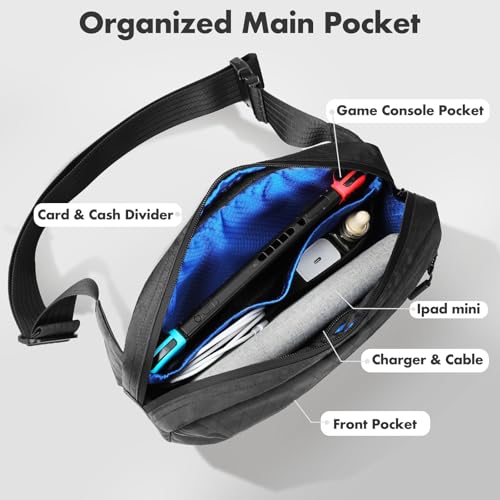 hk Crossbody Sling Bag for Men with Switch Pocket, Waterproof Anti-Theft Shoulder Backpack for Commuting & Gaming, Tech Organizer with 3-Layer Sailcloth-Inspired Fabric, Black2
