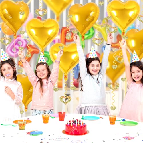 Image of 24 Pcs Gold Heart Balloons, 100 Pcs Heart Hanging Streamers, 18 Inch Heart Foil Balloons Valentine's Day Balloon Love Balloon for Valentines Day Proposal Wedding Party Decorations