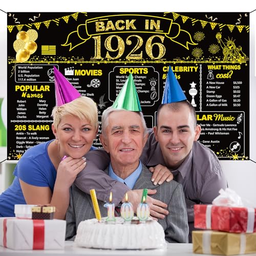 Image of DARUNAXY 100th Birthday Black Gold Party Decoration, Back in 1926 Banner 100 Year Old Birthday Party Poster Supplies, 6x3.6ft Large Vintage 1926 Backdrop Photography Background for Men and Women