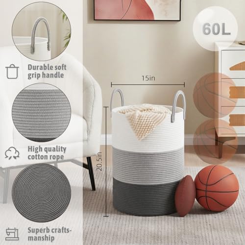 Image of Artfeel Laundry Basket,Woven Cotton Rope Laundry Hamper,60L for Decorative Storage of Dirty Clothes,Toys and Blankets in Bathroom,Bedroom and Living Room