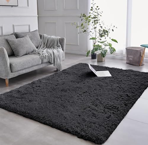 AMEHA Grand tapis à poils longs moelleux et antidérapant pour salon et chambre à coucher - 160 x 230 cm - Noir