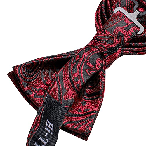 Image of Hi-Tie Pre-Tied Bowties for Men Silk Bow Ties and Pocket Square Cufflinks Set Mens Wedding Party Formal,Black Red Paisley