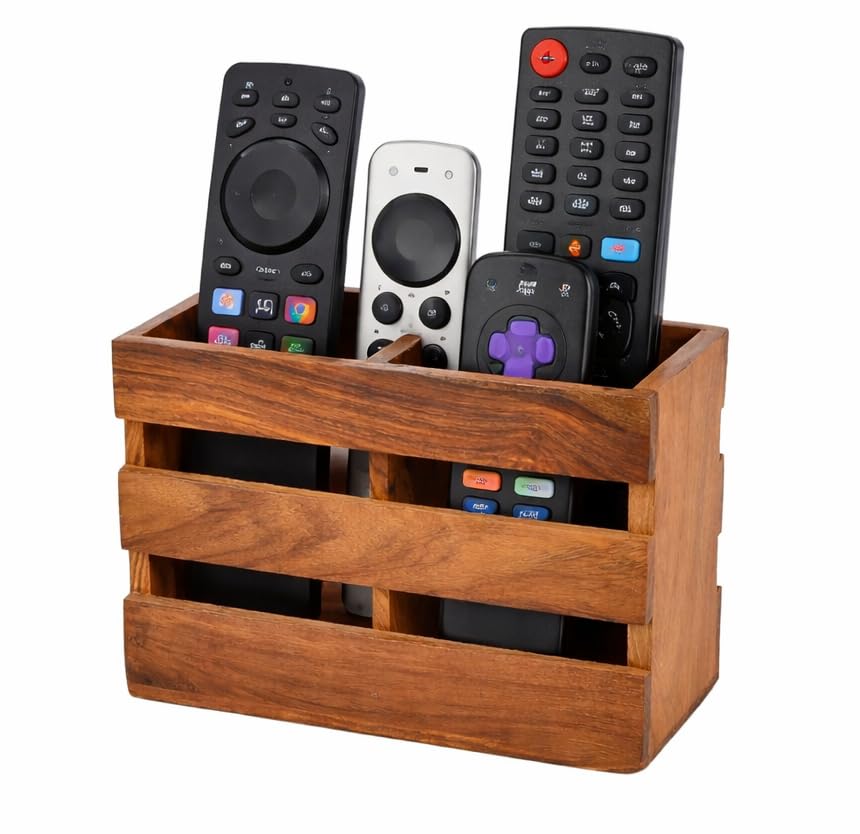 Image of Craft Mshopr Wooden Remote Control Holder, Brown Finish, 16.5 x 12.7 cm, Rectangular Multi-Compartment Organizer (Brown)