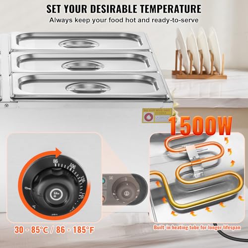 VEVOR kommerzieller Speisenwärmer 6 x 5 Qt Speisebehälter (1/3 Größe), elektrische Warmhalteplatte, 1500 W professionelles Buffet-Set aus Edelstahl, Buffet-Bain-Marie, 30–85 °C Temperaturregelung – Bild 4