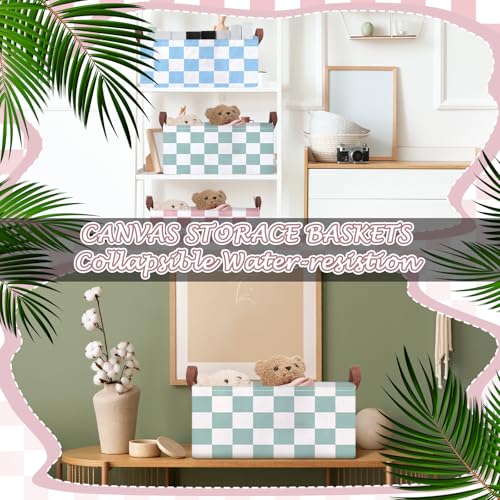 Image of Boao 3 Pcs Pink Green Blue Checkered Storage Basket with Handle Cute Car Baskets Gingham Classroom Laundry Toy Storage Bin Organizer Canvas Plaid Hamper for Dormitory Home Nursery Bathroom Bedroom
