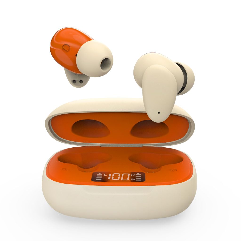 Avantalk Clan N1 - Active Noise-Canceling Wireless Earbuds for Music &amp; Calls While Commuting with Hybrid ANC, Transparency Mode, Cute Bluetooth Headphones with Built-in Controls, Orange &amp; Beige