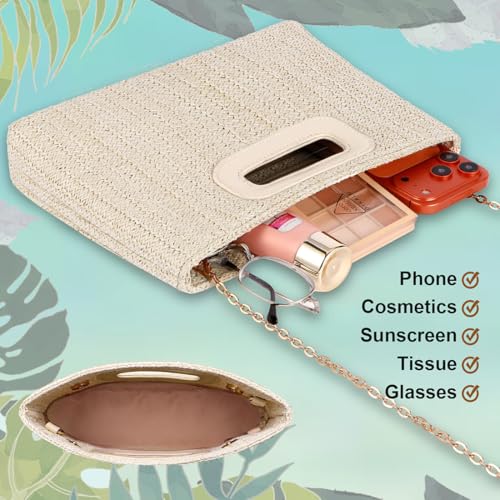 Image of Beach Clutch Bag Straw Summer Clutch Purses for Women Handmade Woven Purse Detachable Gold Chain, Crossbody