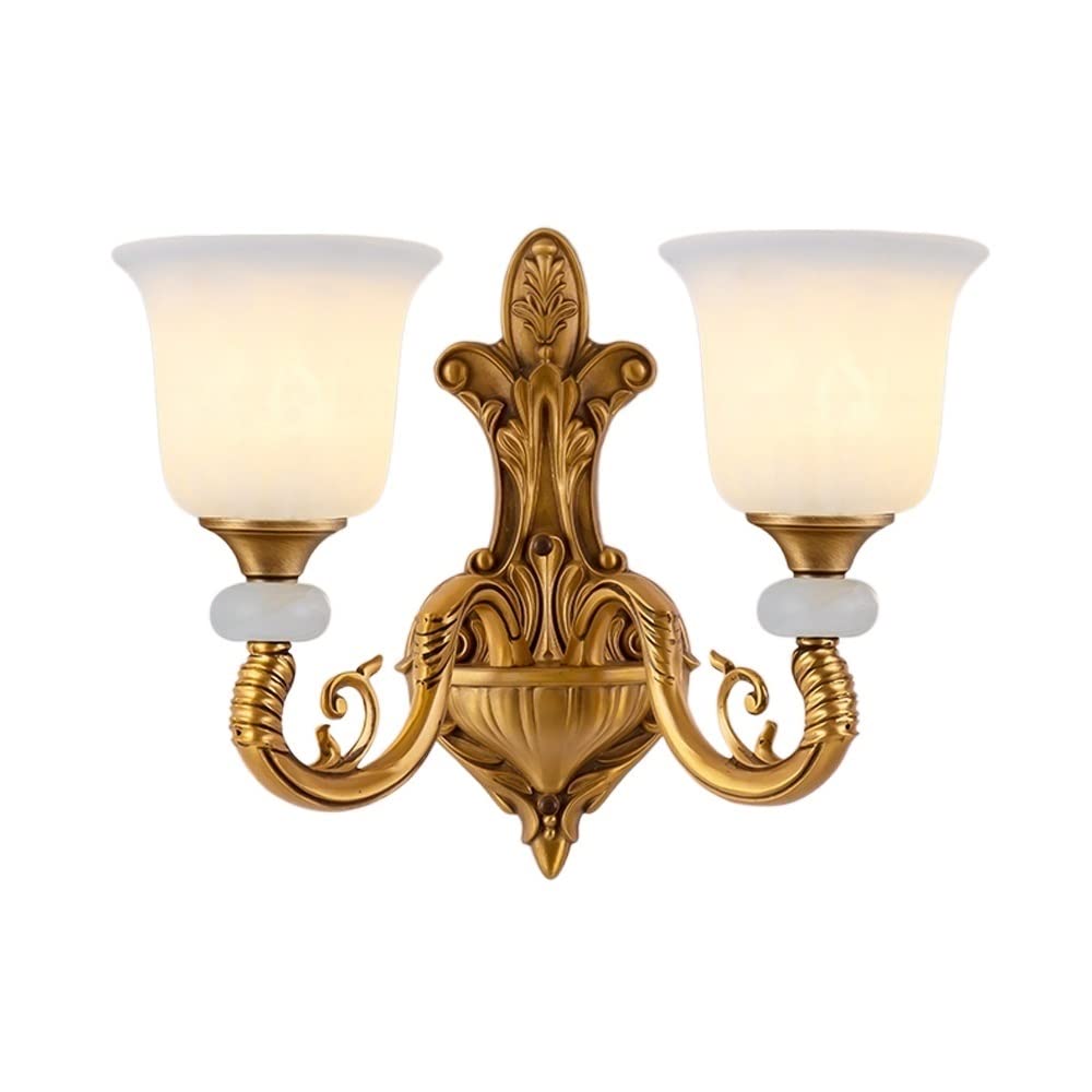 YNIYUJKL Wall Lamp, Creative Carved Copper Wall Light Fixtures Single Head Double Head Imitation Marble Glass Wall Sconces Carved Retro Lighting Bedroom Bedside Wall Lamp Li,Double Head